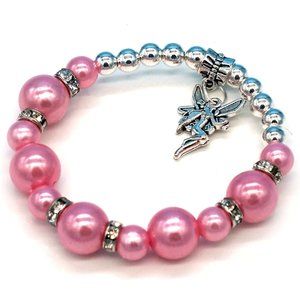 Bracelet Pink Pearls Rhinestones Silver Beads Fairy Charm OS